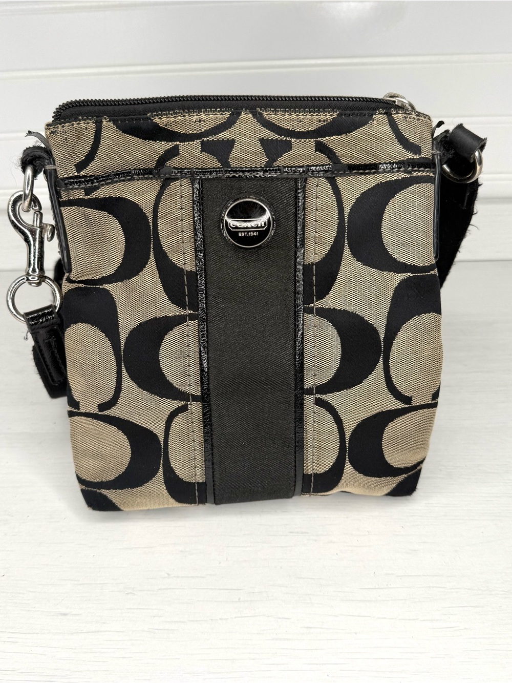 Coach Signature Canvas Crossbody Bag in Khaki/Black - with COA